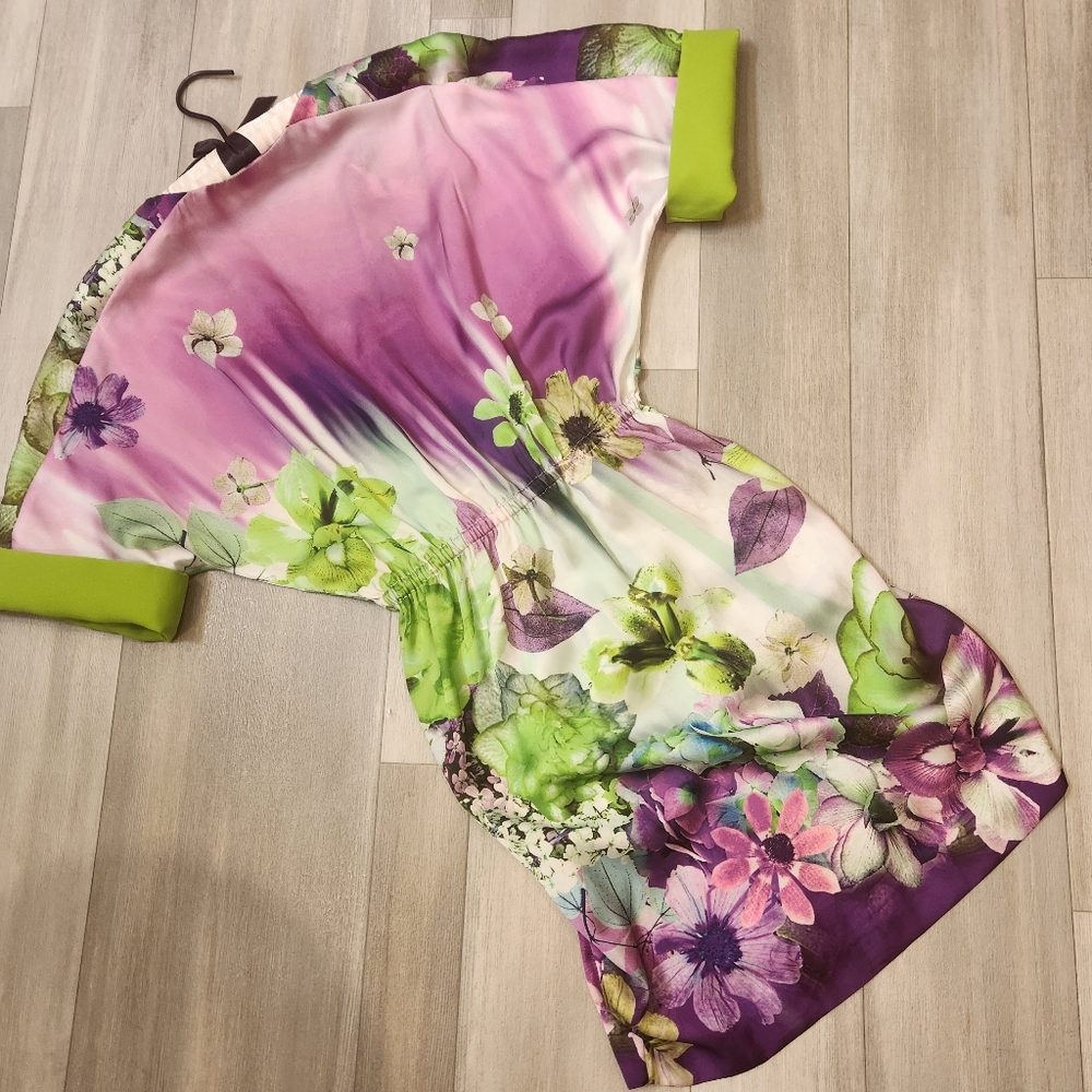 Kimono dress women's 6 floral green purple pink wrap tunic mini Made in Italy - Picture 10 of 13